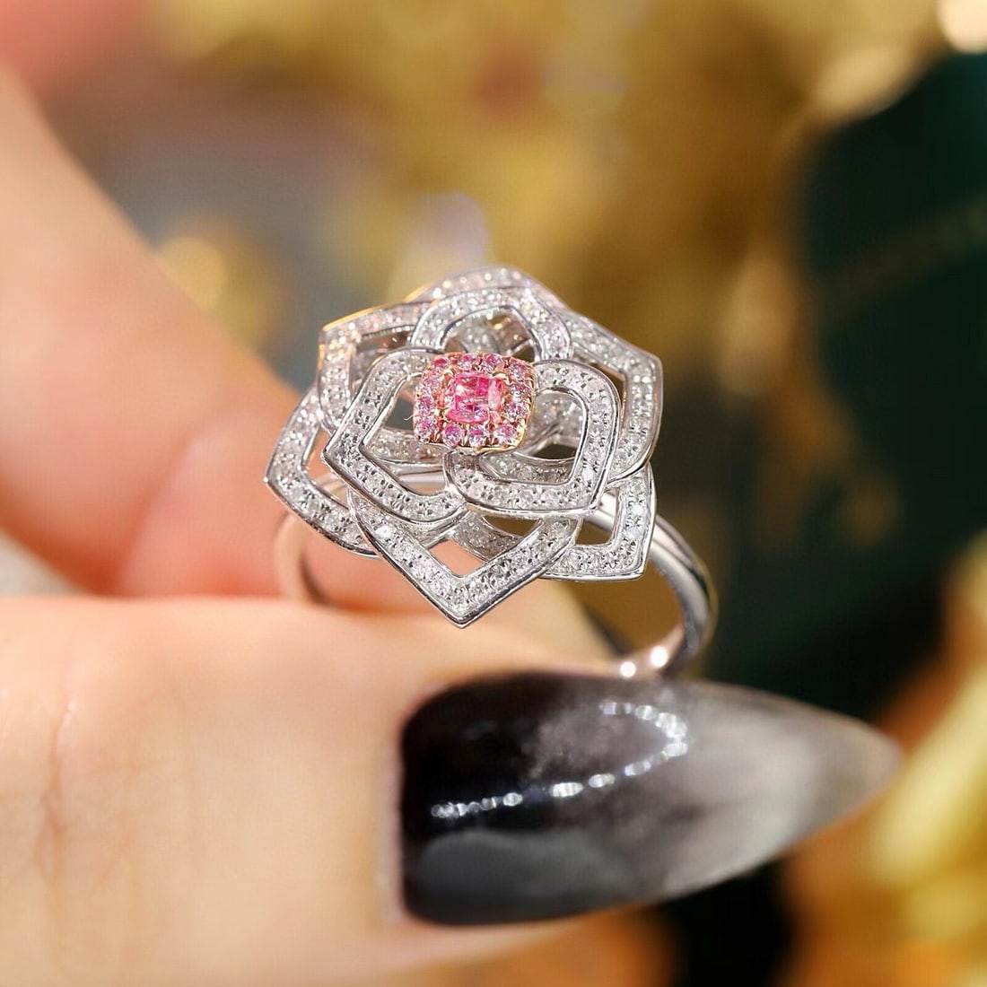 14k Gold 0.65 Ctw Natural Pink Diamond & Diamond & Flowers Ring - 6