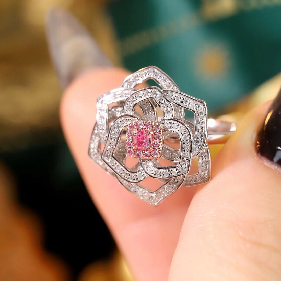 14k Gold 0.65 Ctw Natural Pink Diamond & Diamond & Flowers Ring - 7