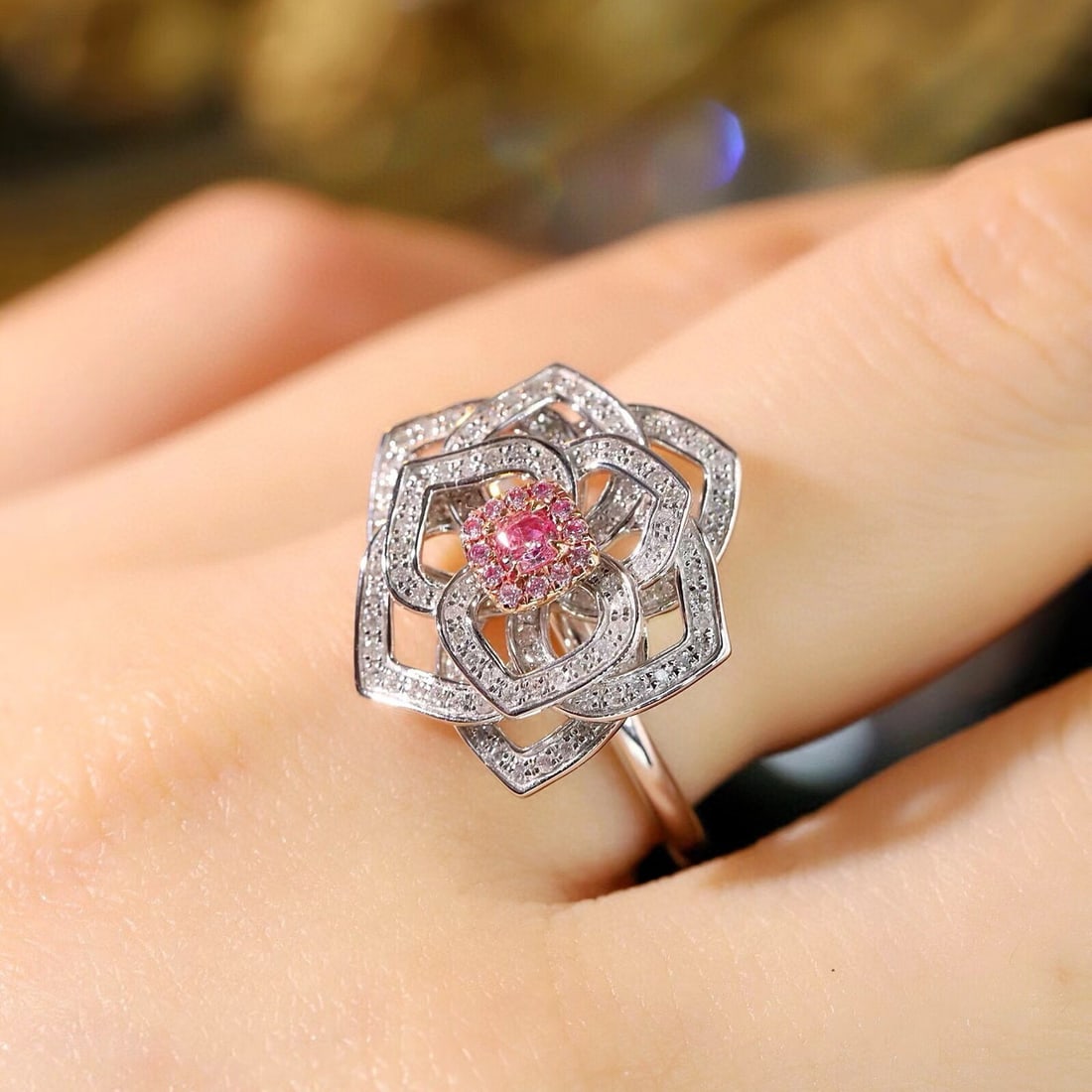 14k Gold 0.65 Ctw Natural Pink Diamond & Diamond & Flowers Ring - 8