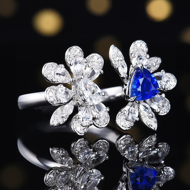 14k Gold 0.95 Ctw Natural Sapphire & Diamond Ring: Ref:231180033 // gold content:14k gold // ring size:7. 25us // // main gemstone:sapphire // shape:triangle // carat weight:0. 8ct // color:blue // treatment:natural // // adjacent gemstone 2 :