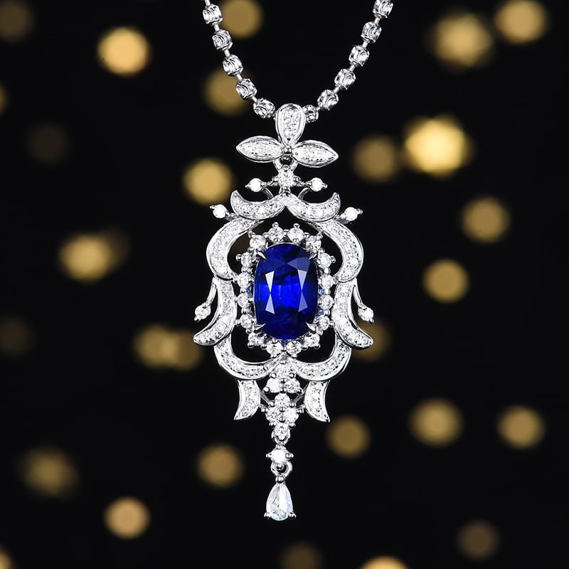 14k Gold 2.55 Ctw Vivid Blue Natural Sapphire & Diamond Pendant( Without Chain ) - 2