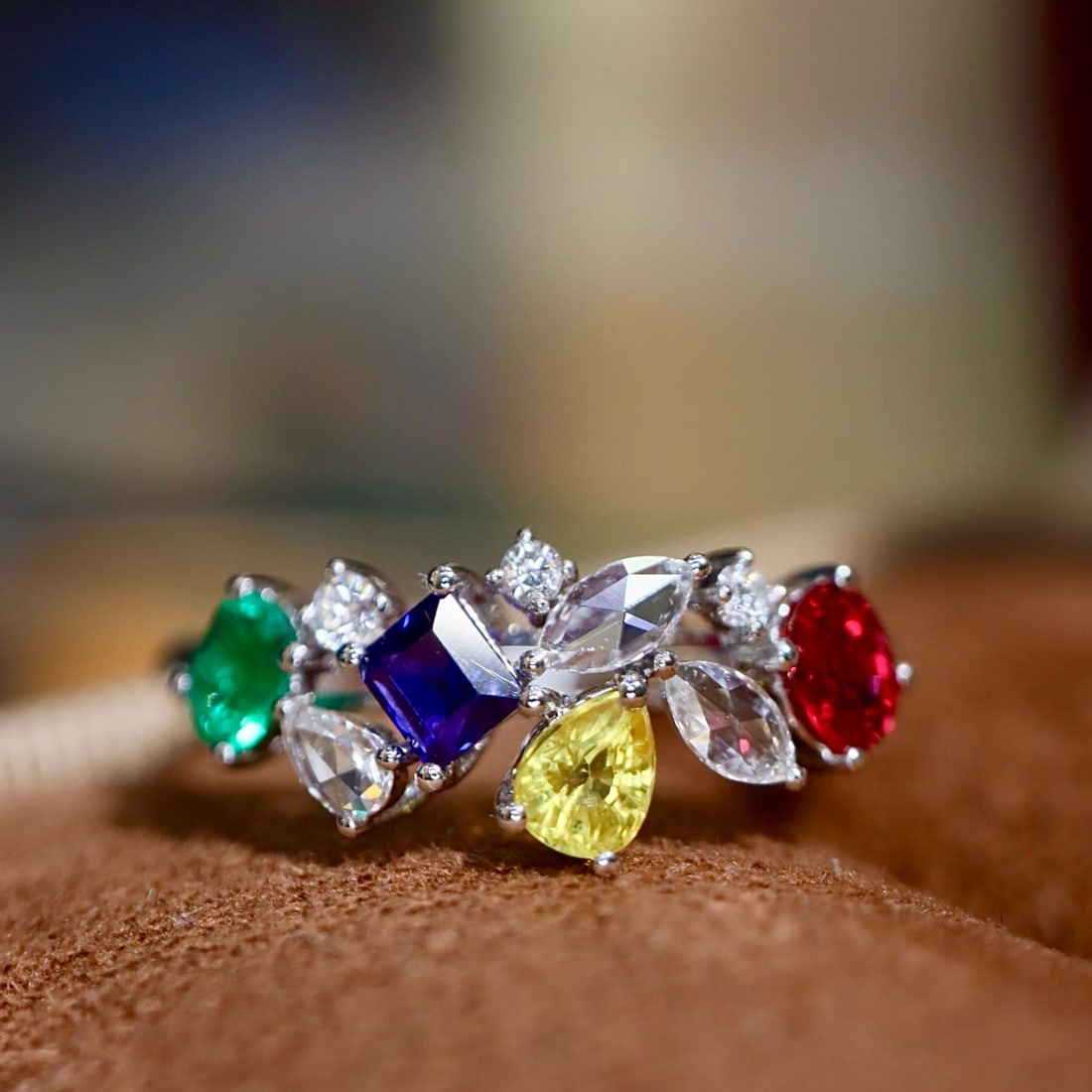 14k Gold 1.15 Ctw Natural Sapphire & Ruby & Emerald & Diamond Ring: Ref:231180051 // gold content:14k gold // ring size:7. 25us // // main gemstone:sapphire & ruby & emerald // shape:multiple // carat weight:1. 0ct // color:color // treatment:natural // // adjacent