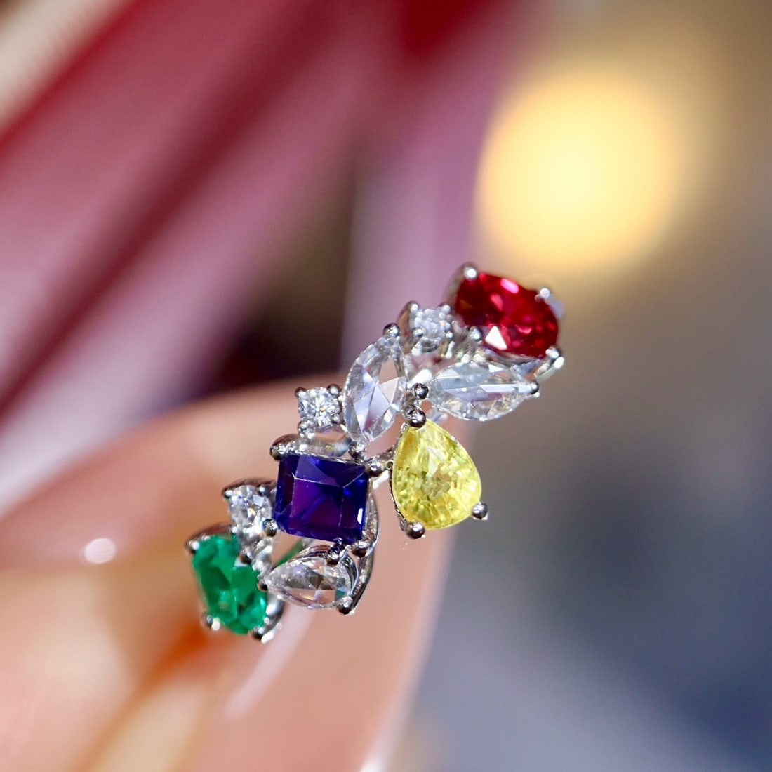14k Gold 1.15 Ctw Natural Sapphire & Ruby & Emerald & Diamond Ring - 7