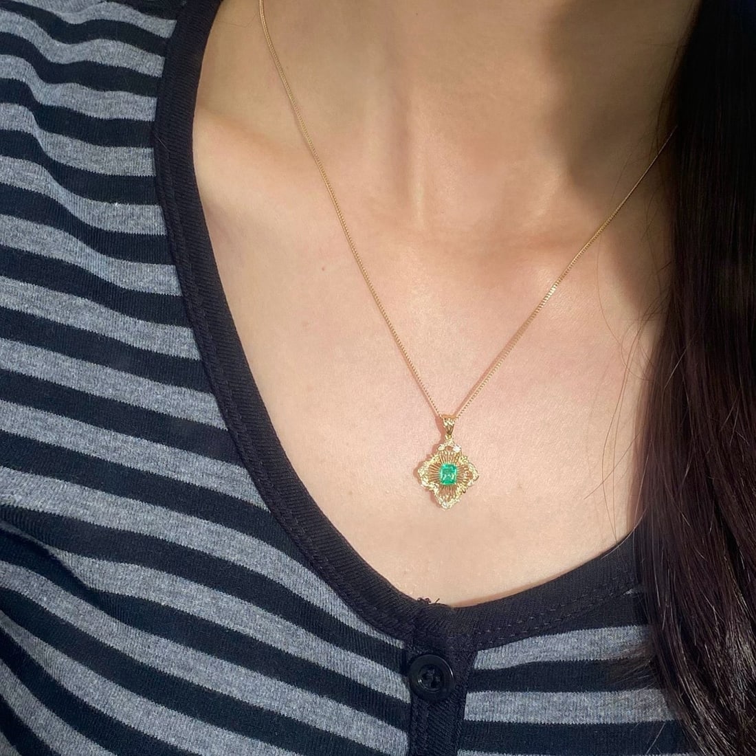 14k Gold 0.48 Ctw Natural Emerald & Diamond Pendant( Without Chain ) - 8