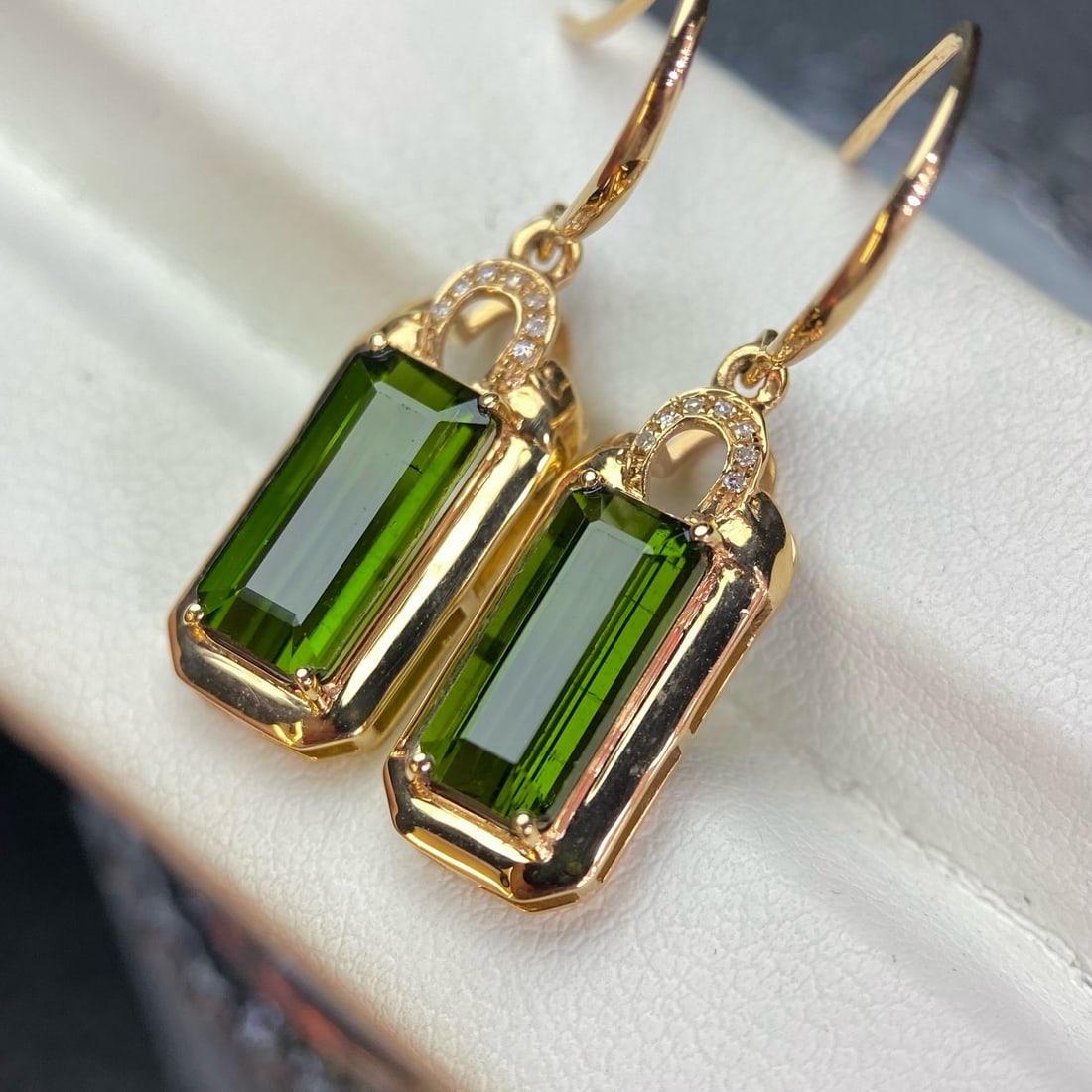 14k Gold 4.25 Ct Natural Tourmaline & Diamond Earrings - 2