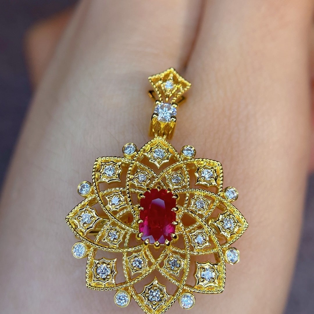 14k Gold 1.41 Ctw Natural Ruby & Diamond Brooch/pendant( Without Chain ) - 4