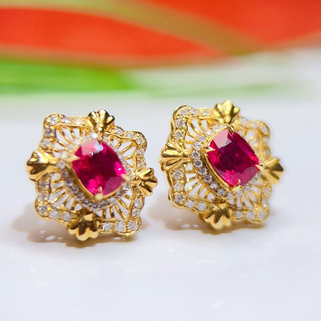 14k Gold 1.53 Ctw Natural Ruby & Diamond Earrings - 2