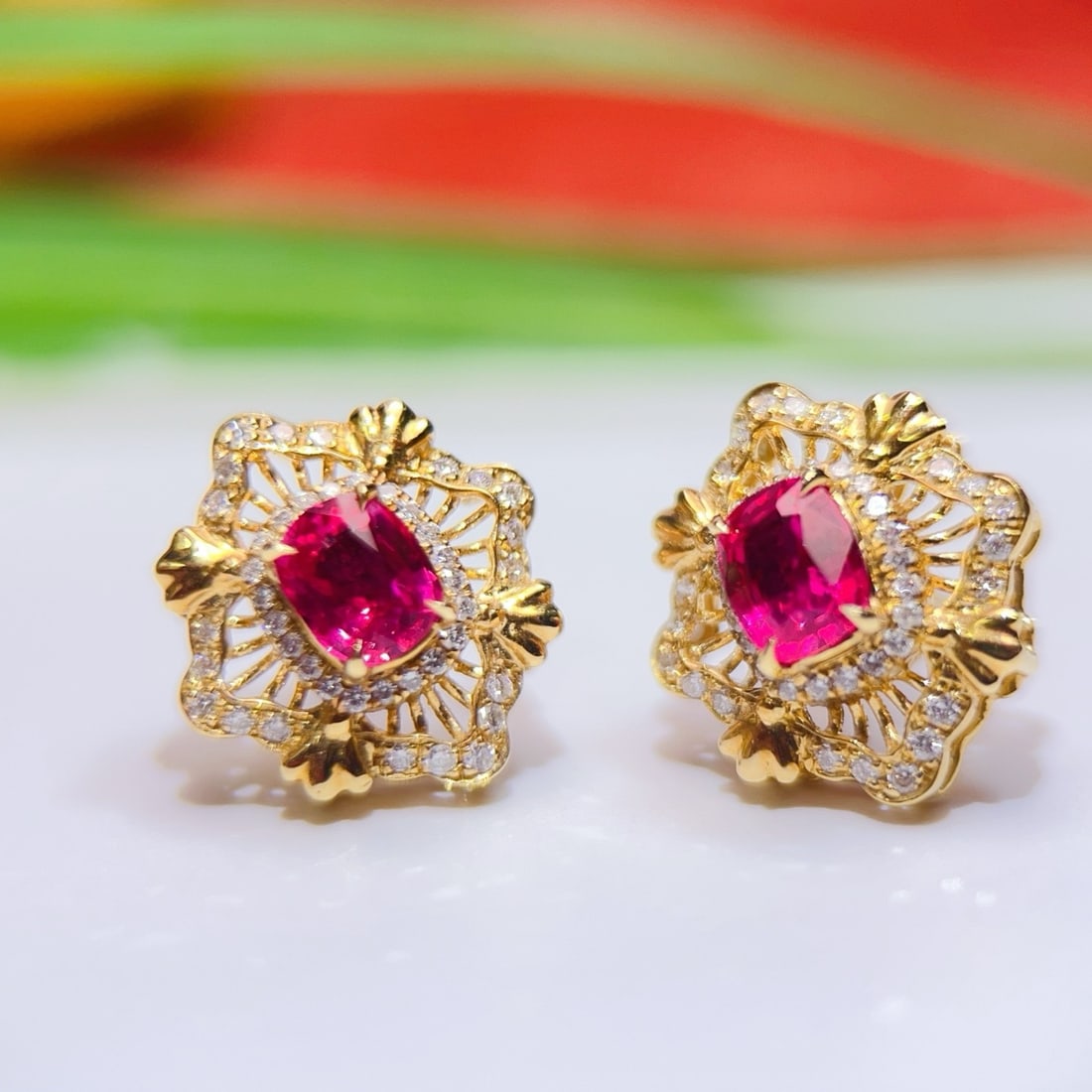 14k Gold 1.53 Ctw Natural Ruby & Diamond Earrings - 4