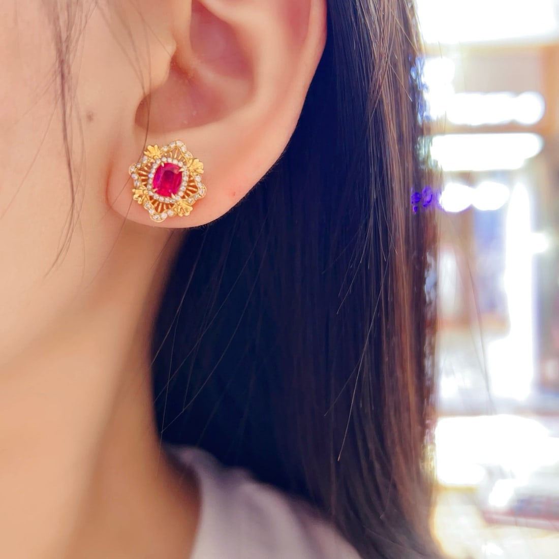 14k Gold 1.53 Ctw Natural Ruby & Diamond Earrings - 6