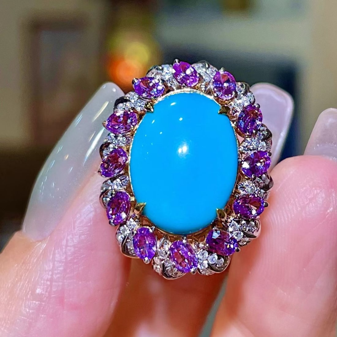 14k Gold 6.77 Ctw Natural Blue Turquoise & Sapphire Ring: Ref:231180096 // gold content:14k gold // ring size:7. 25us // // main gemstone:blue turquoise // shape:oval // carat weight:5. 16ct // color:blue // treatment:natural // // adjacent gemstone 2 :