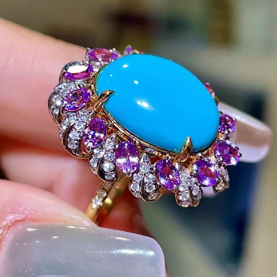 14k Gold 6.77 Ctw Natural Blue Turquoise & Sapphire Ring - 2