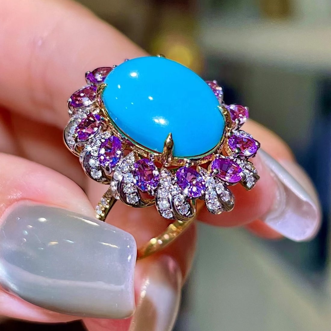 14k Gold 6.77 Ctw Natural Blue Turquoise & Sapphire Ring - 3