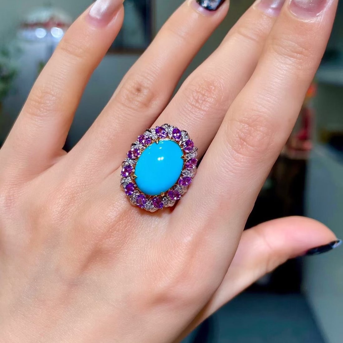 14k Gold 6.77 Ctw Natural Blue Turquoise & Sapphire Ring - 4