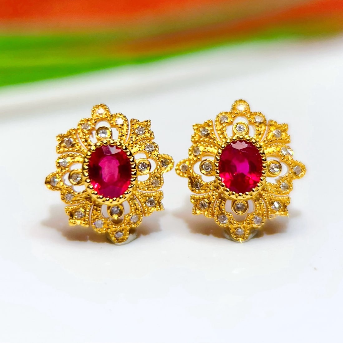 14k Gold 0.75 Ct Natural Ruby & Diamond Earrings (1 of 7)
