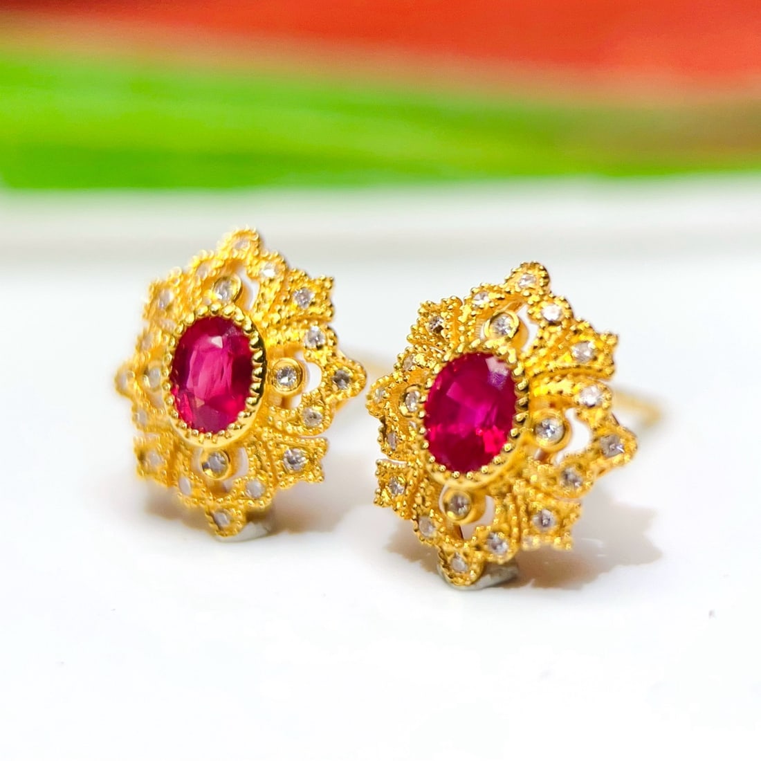 14k Gold 0.75 Ct Natural Ruby & Diamond Earrings - 2