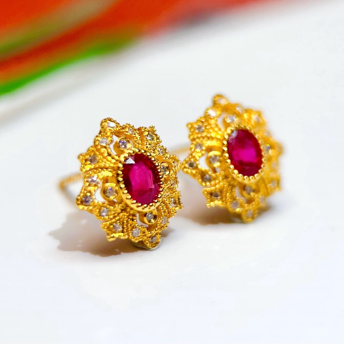 14k Gold 0.75 Ct Natural Ruby & Diamond Earrings - 3