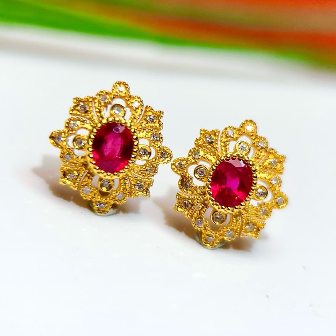 14k Gold 0.75 Ct Natural Ruby & Diamond Earrings - 4