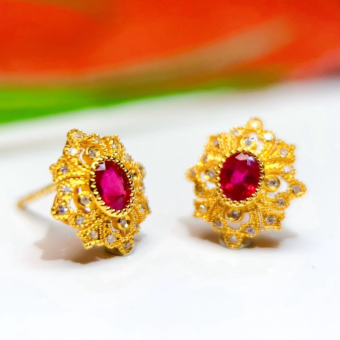 14k Gold 0.75 Ct Natural Ruby & Diamond Earrings - 5