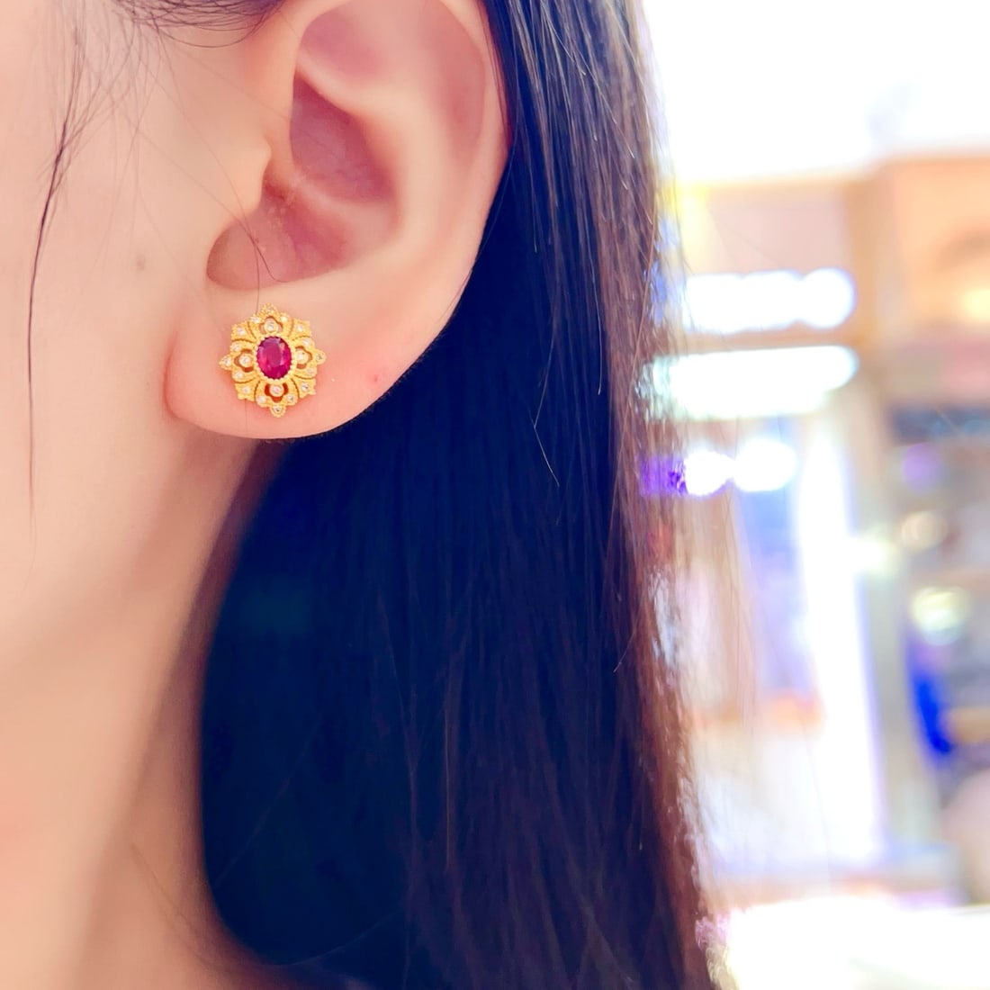 14k Gold 0.75 Ct Natural Ruby & Diamond Earrings - 6