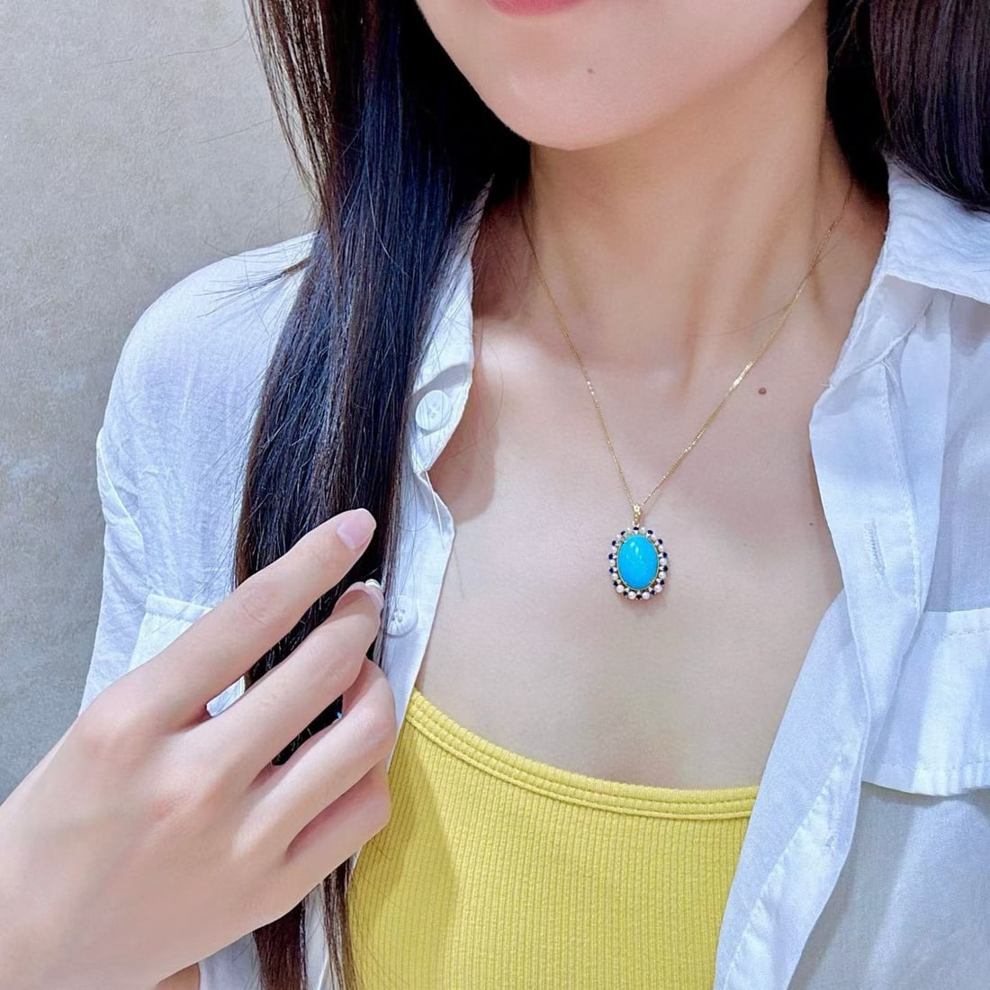14k Gold 6.80 Ctw Natural Blue Turquoise & Sapphire Pendant( Without Chain ) - 4