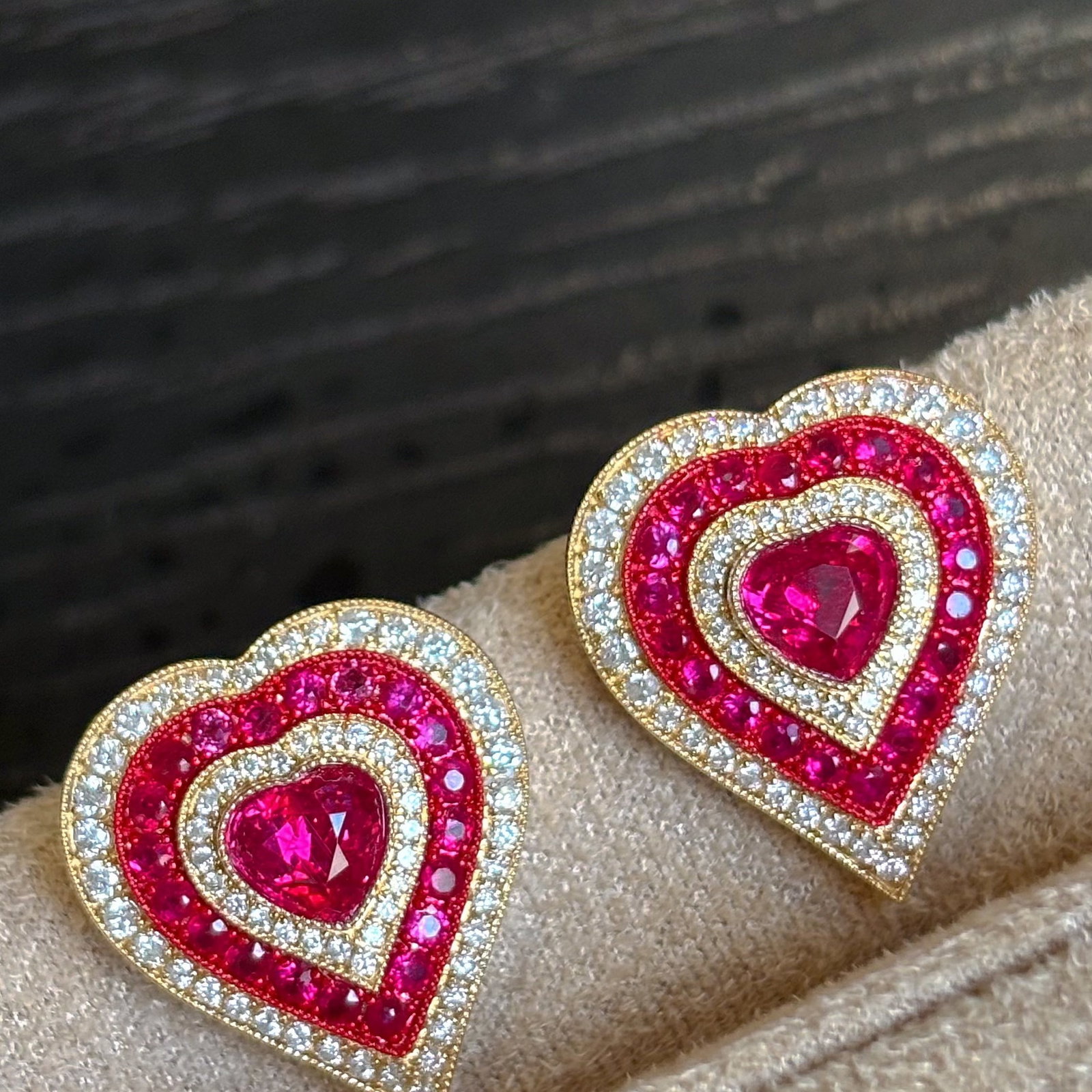 14k Gold 2.08 Ctw Natural Ruby & Diamond Earrings: Ref:231180150 // gold content:14k gold // main gemstone:ruby // shape:heart // carat weight:1. 28ct // color:red // treatment:natural // // adjacent gemstone 2 : diamond // shape:round // carat