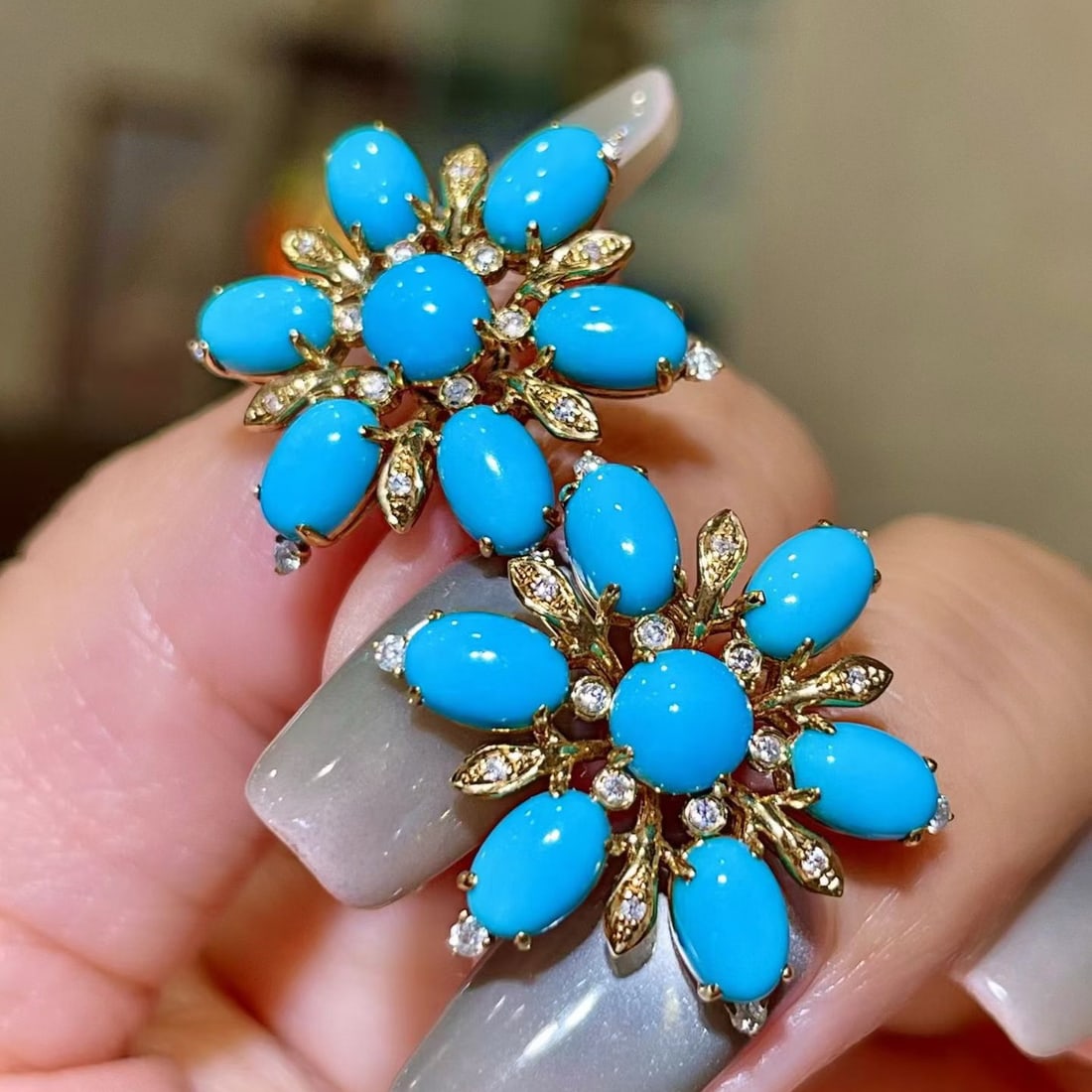 14k Gold 6.31 Ctw Natural Blue Turquoise & Diamond Earrings - 2