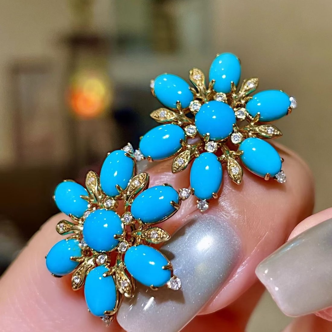 14k Gold 6.31 Ctw Natural Blue Turquoise & Diamond Earrings - 3
