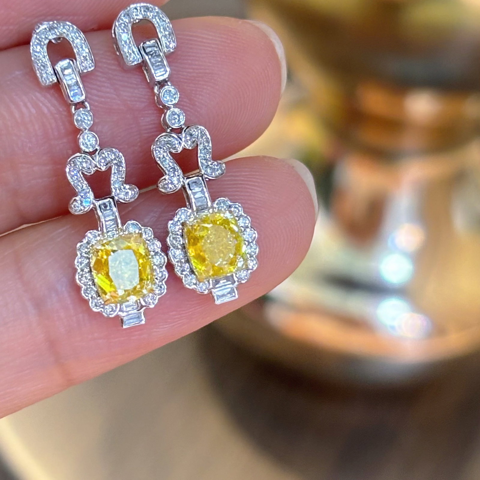 14k Gold 2.02 Ct Natural Yellow Diamond & Diamond Earrings - 2