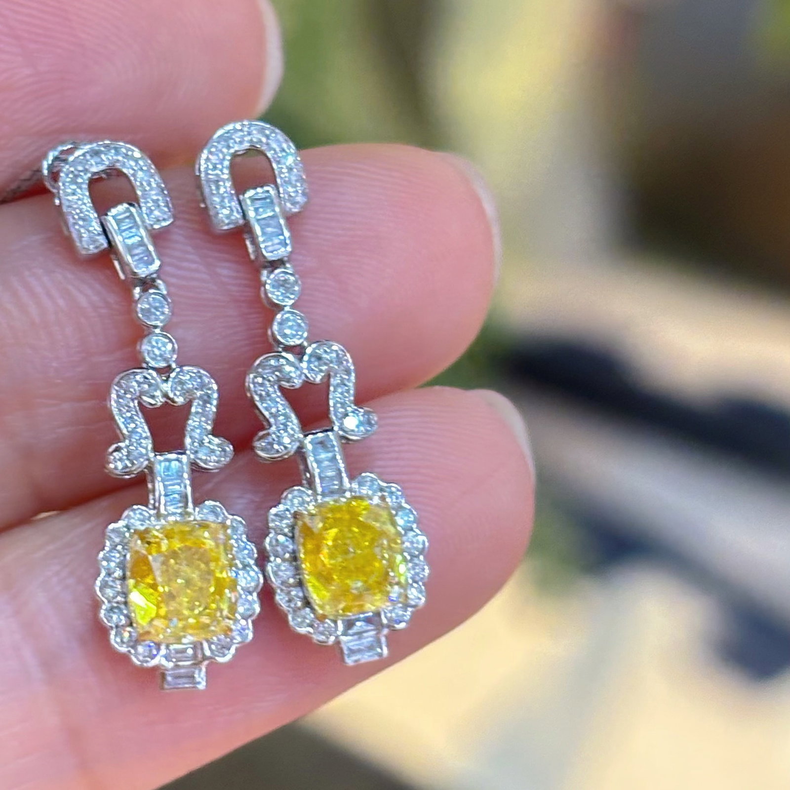 14k Gold 2.02 Ct Natural Yellow Diamond & Diamond Earrings - 4