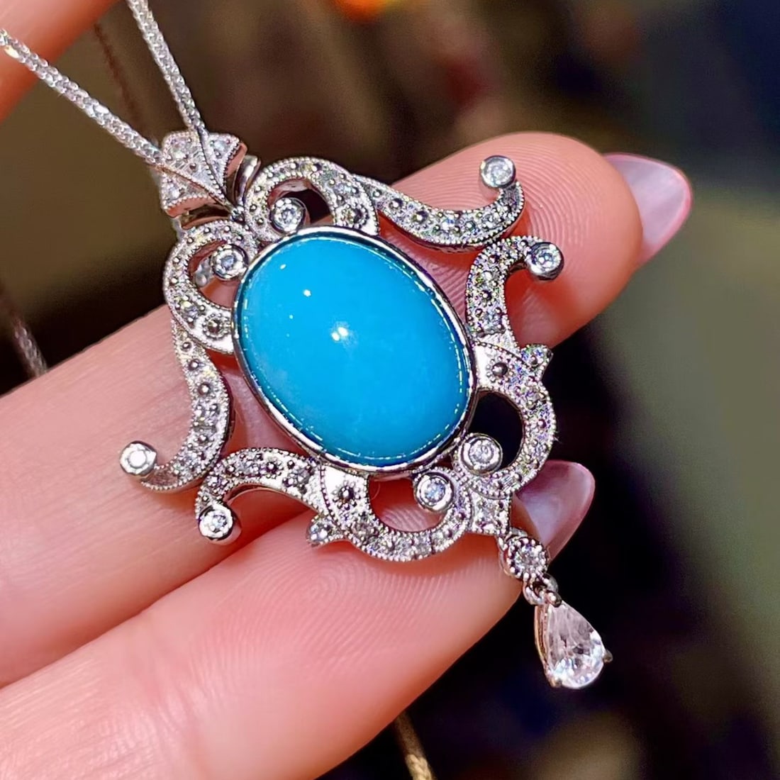 14k Gold 5.63 Ctw Natural Blue Turquoise & Sapphire Pendant( Without Chain ) - 2