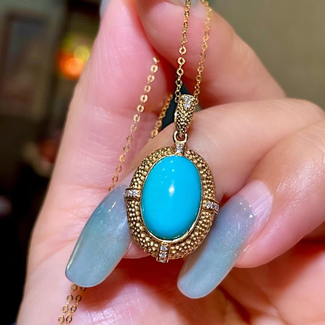 14k Gold 3.71 Ctw Natural Blue Turquoise & Diamond Pendant( Without Chain ): Ref:231180210 // gold content:14k gold // main gemstone:blue turquoise // shape:oval // carat weight:3. 63ct // color:blue // treatment:natural // // adjacent gemstone 2 : diamond // shape:round // ca