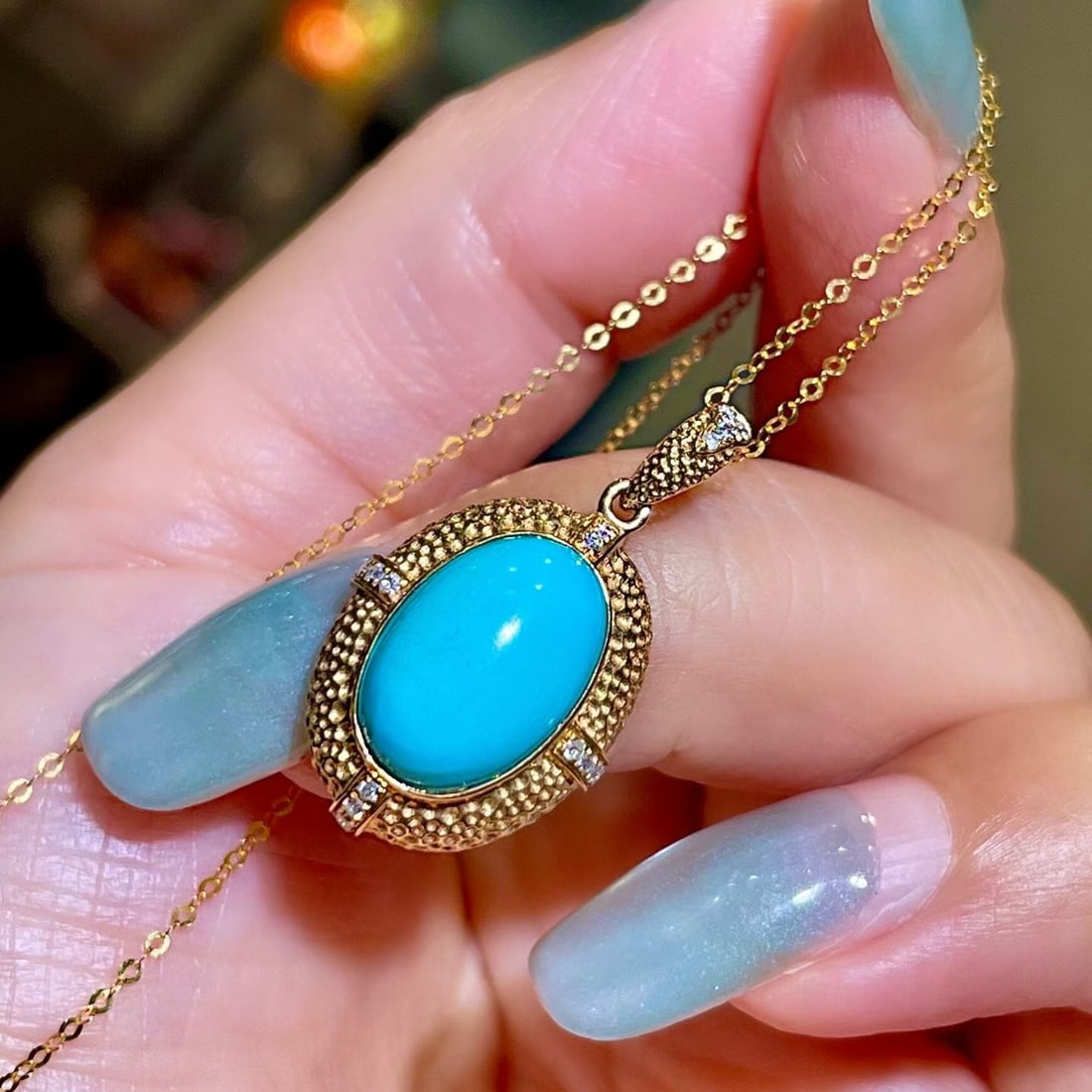 14k Gold 3.71 Ctw Natural Blue Turquoise & Diamond Pendant( Without Chain ) - 2