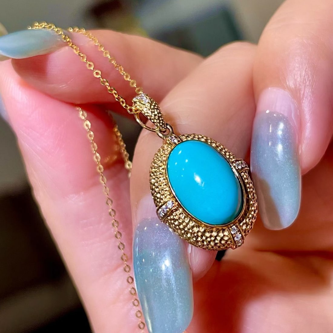 14k Gold 3.71 Ctw Natural Blue Turquoise & Diamond Pendant( Without Chain ) - 3