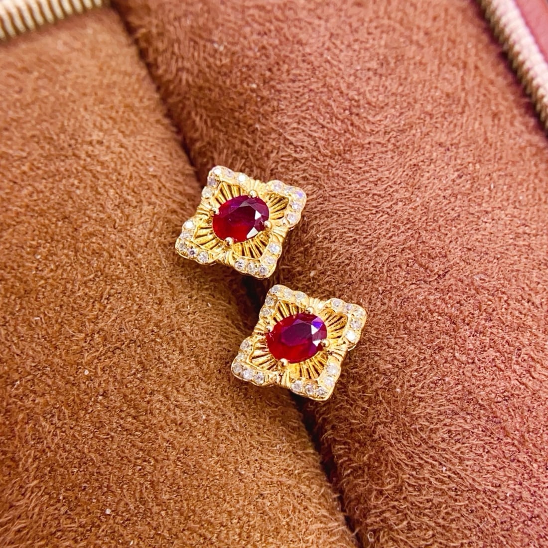 14k Gold 0.48 Ct Natural Ruby & Diamond Earrings - 2