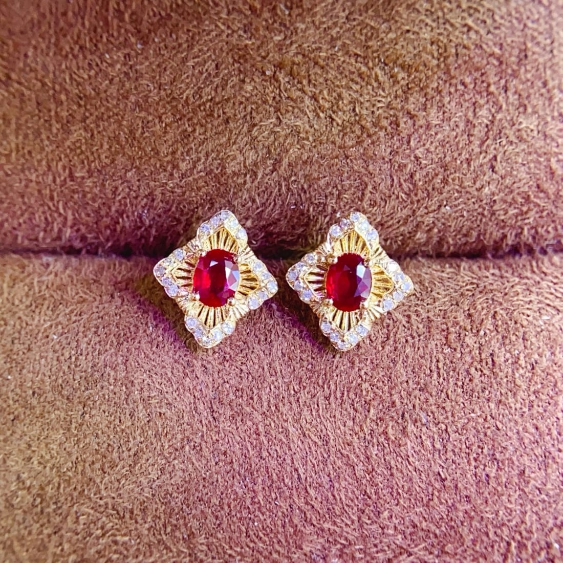 14k Gold 0.48 Ct Natural Ruby & Diamond Earrings - 4