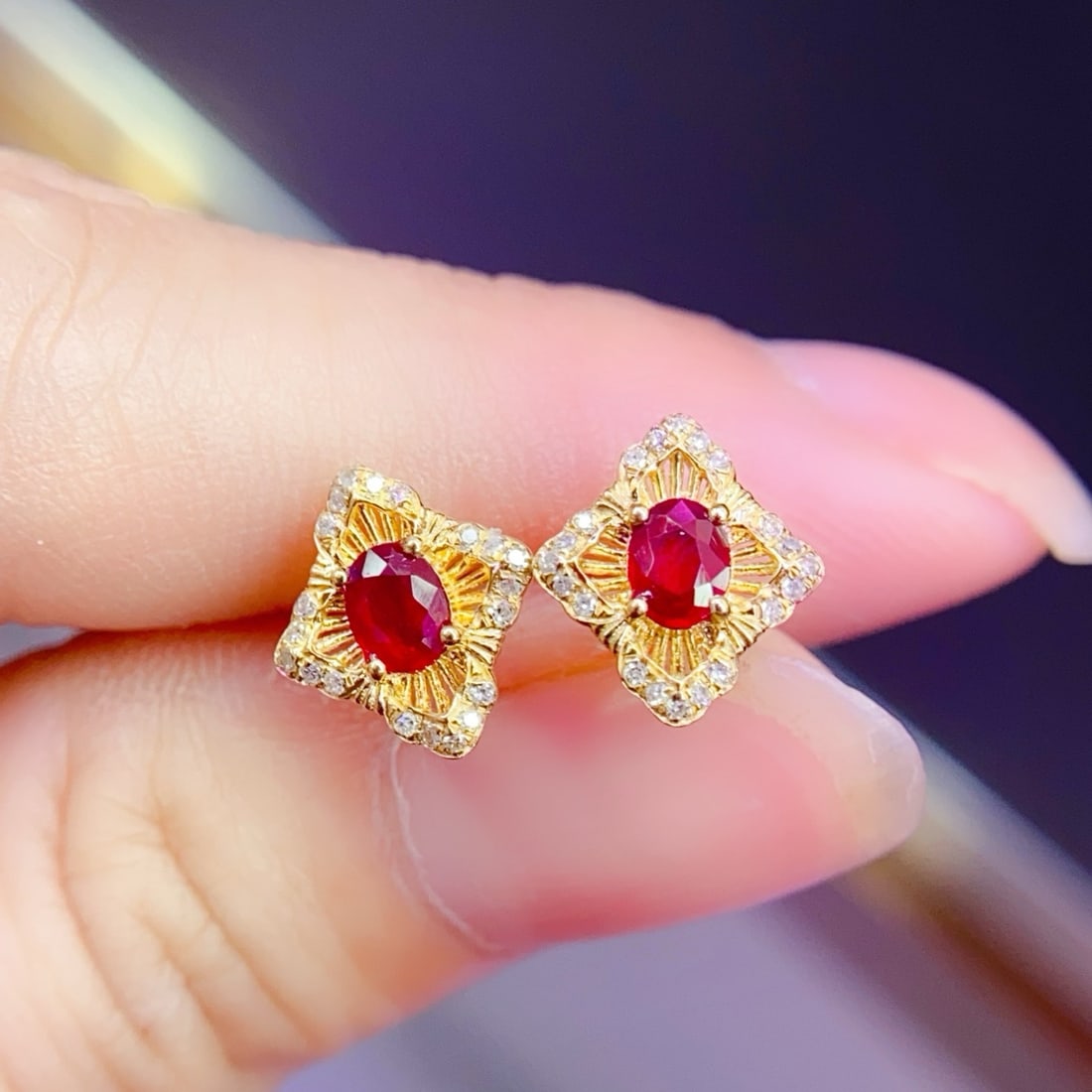 14k Gold 0.48 Ct Natural Ruby & Diamond Earrings - 5