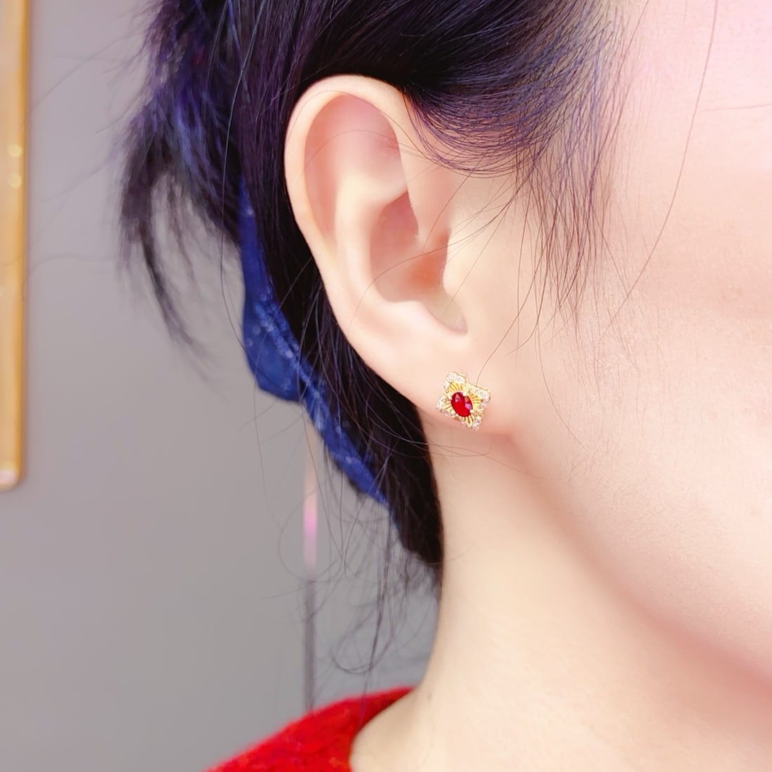 14k Gold 0.48 Ct Natural Ruby & Diamond Earrings - 6