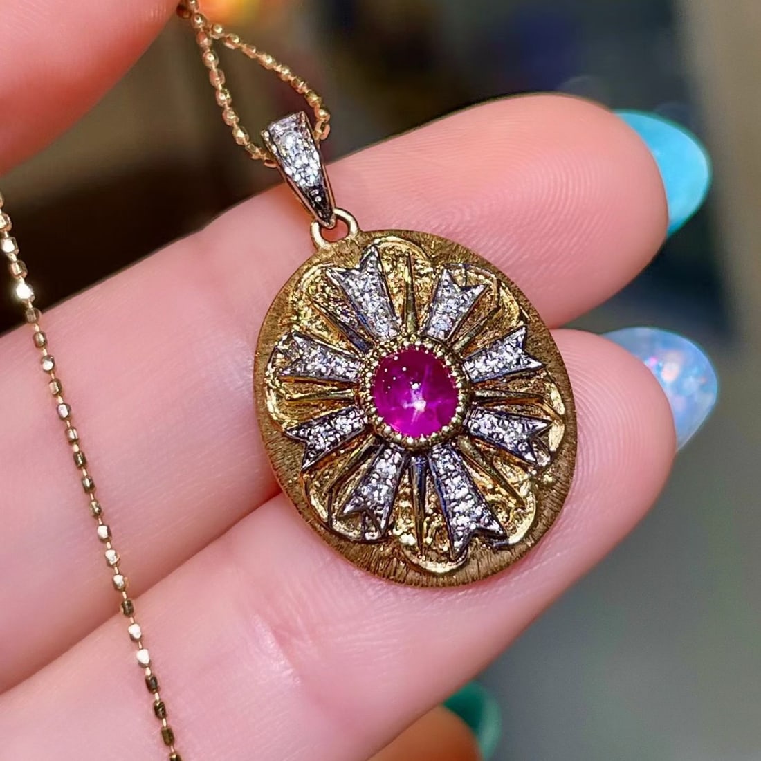 14k Gold 0.98 Ctw Natural Star Ruby & Diamond Pendant( Without Chain ) - 2