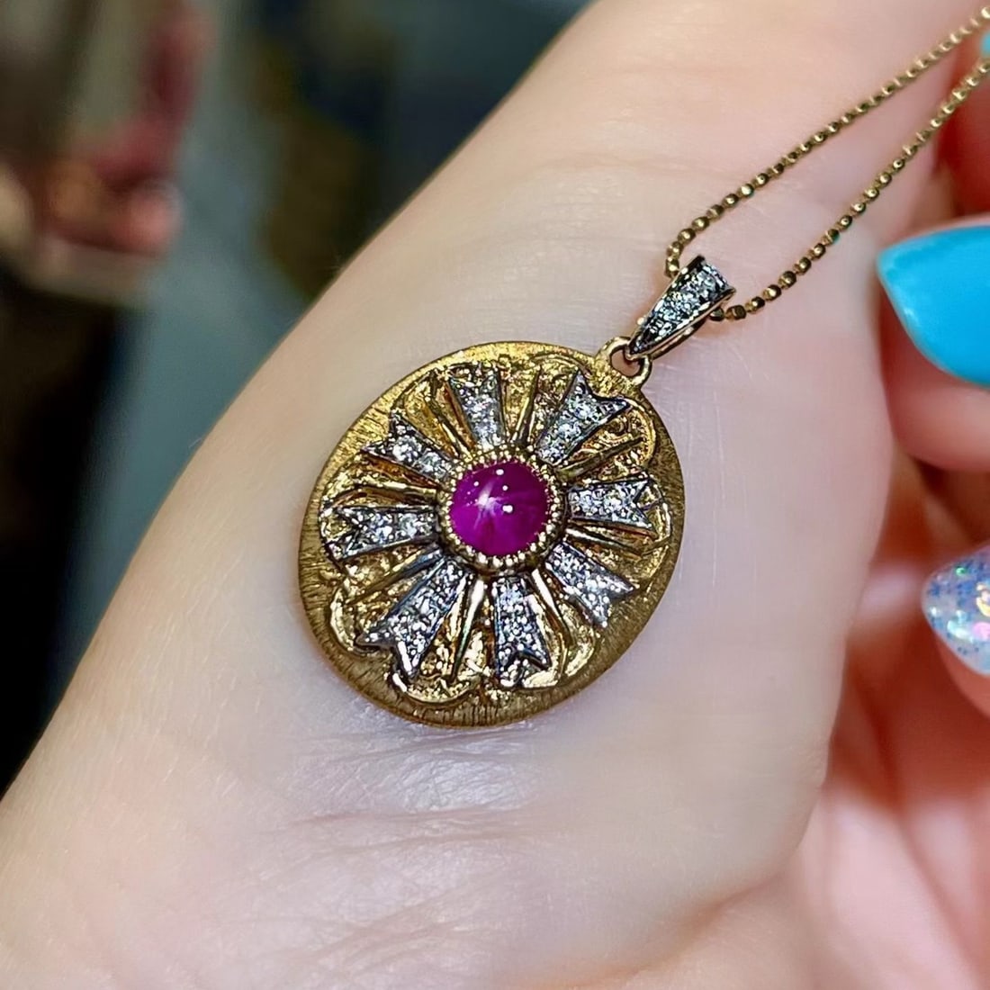 14k Gold 0.98 Ctw Natural Star Ruby & Diamond Pendant( Without Chain ) - 3