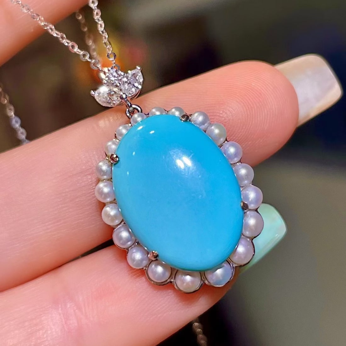 14k Gold 7.06 Ct Natural Blue Turquoise & Diamond Pendant( Without Chain ) - 2