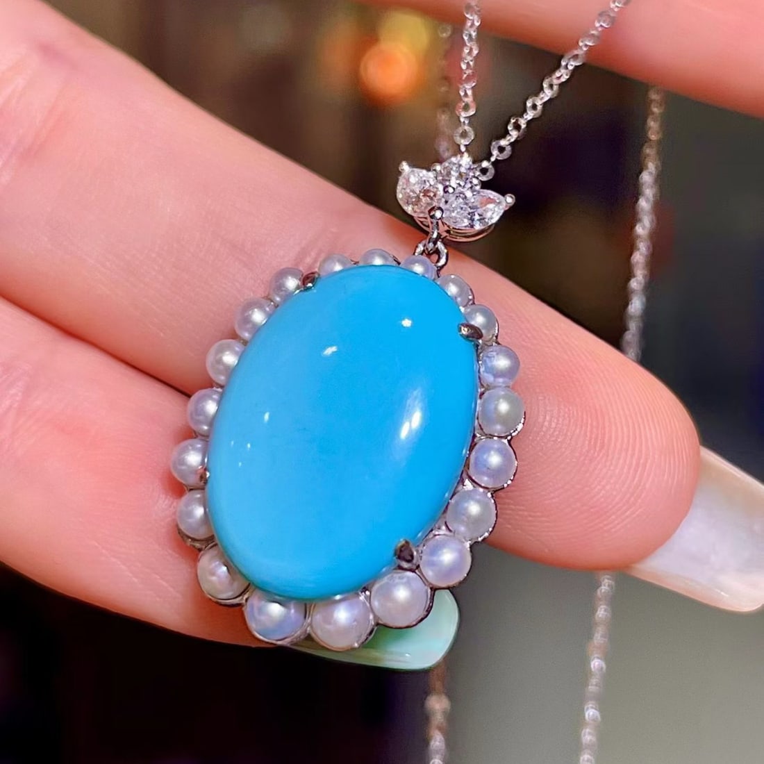 14k Gold 7.06 Ct Natural Blue Turquoise & Diamond Pendant( Without Chain ) - 3