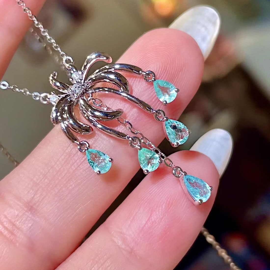 14k Gold 0.78 Ctw Natural Paraiba Tourmaline & Diamond Necklace - 2