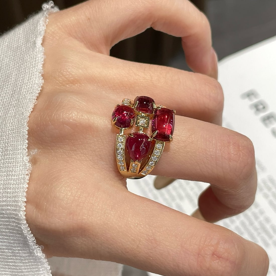 14k Gold 4 Ct Natural Tourmaline & Diamond Ring: Ref:231180266 // gold content:14k gold // ring size:7. 25us // // main gemstone:tourmaline // shape:multiple // carat weight:4ct // color:red // treatment:natural // // adjacent gemstone 2 : diamond