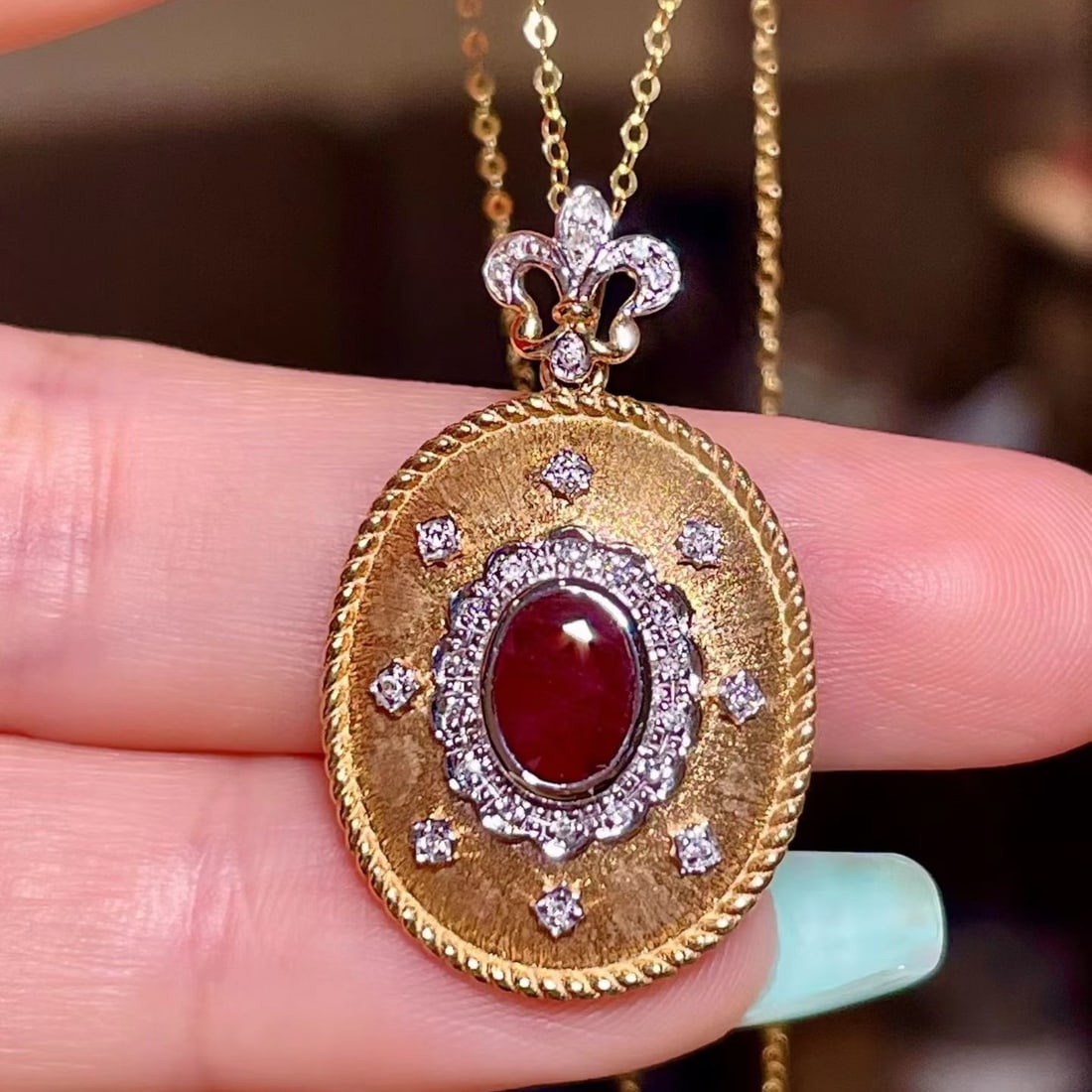 14k Gold 1.08 Ctw Natural Ruby & Diamond Pendant( Without Chain ): Ref:231180277 // gold content:14k gold // main gemstone:ruby // shape:oval // carat weight:0. 97ct // color:red // treatment:natural // // adjacent gemstone 2 : diamond // shape:round // carat