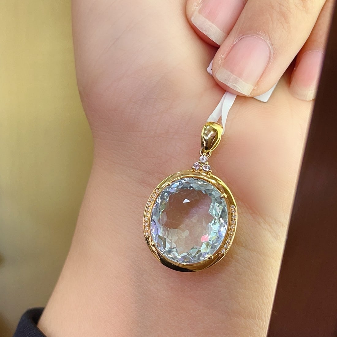 14k Gold 15.05 Ct Natural Aquamarine & Diamond & Sapphire Pendant( Without Chain ) - 3