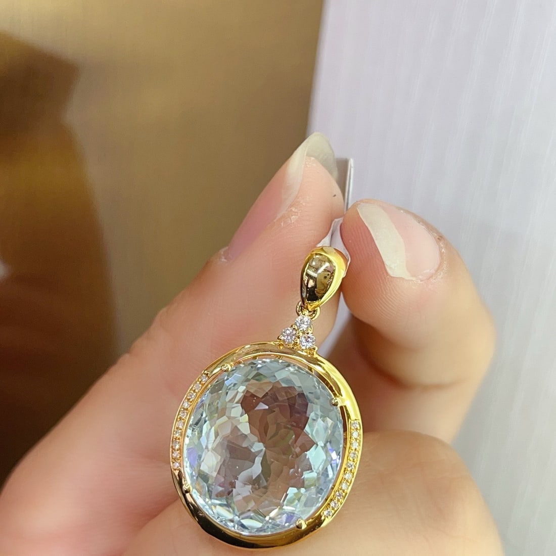 14k Gold 15.05 Ct Natural Aquamarine & Diamond & Sapphire Pendant( Without Chain ) - 4