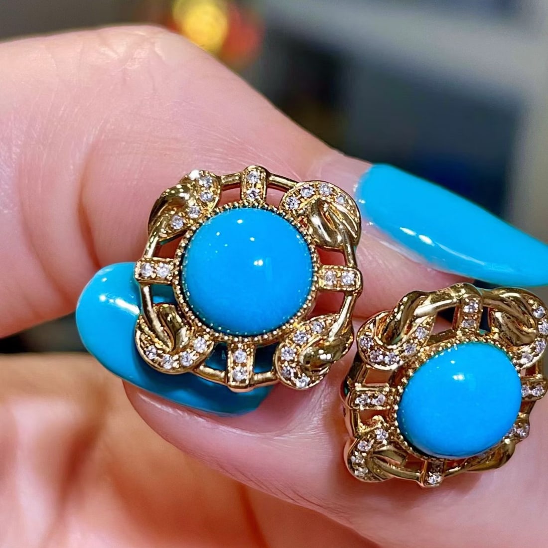 14k Gold 4.09 Ctw Natural Blue Turquoise & Diamond Earrings - 2