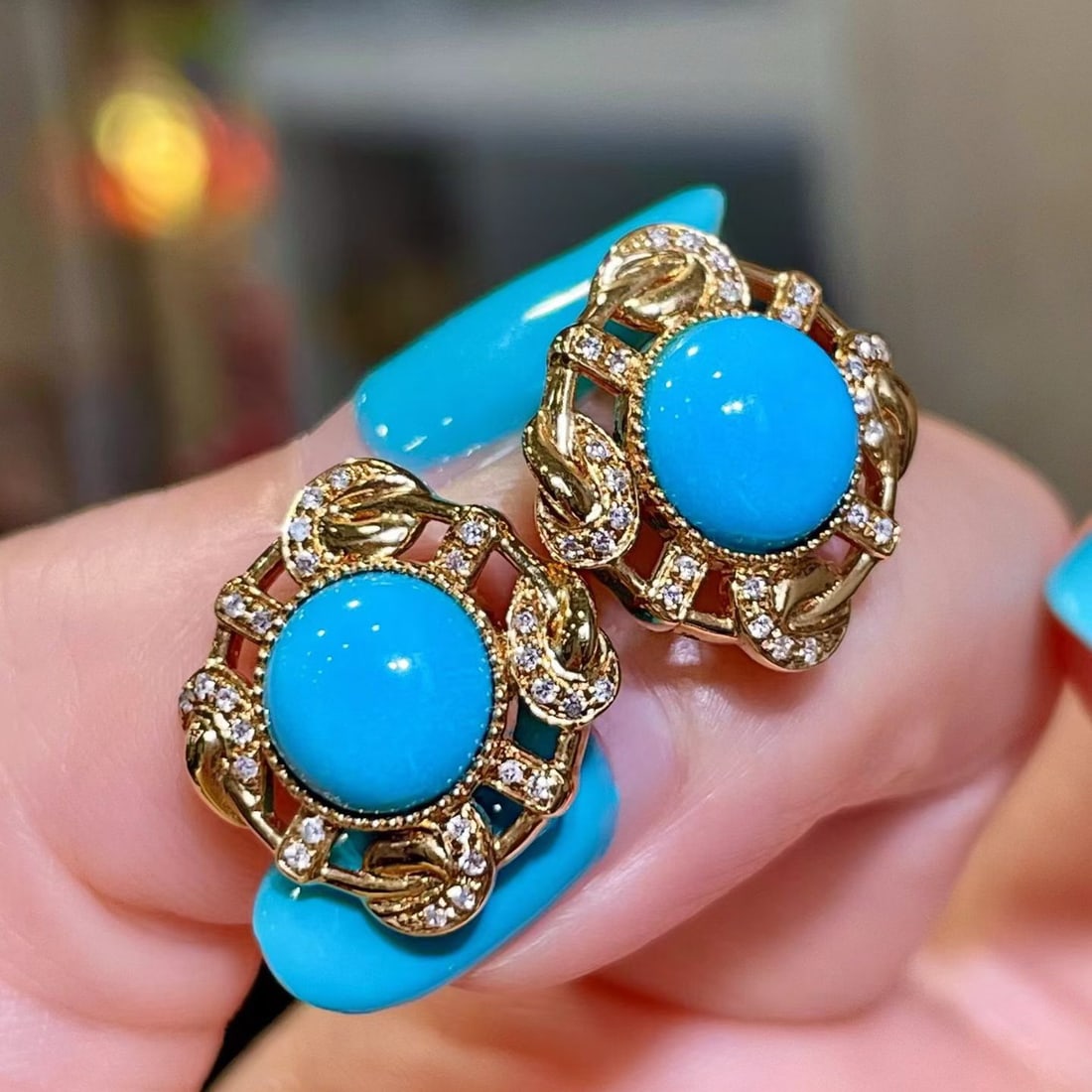 14k Gold 4.09 Ctw Natural Blue Turquoise & Diamond Earrings - 3