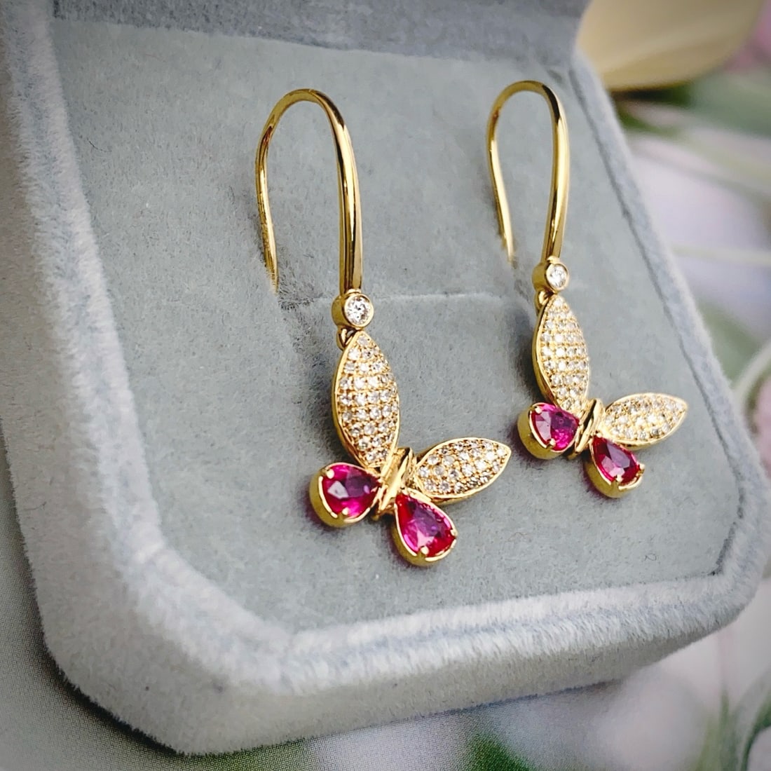 14k Gold 1.10 Ct Natural Ruby & Diamond & Butterfly Earrings - 2