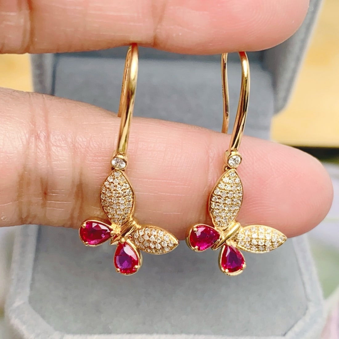 14k Gold 1.10 Ct Natural Ruby & Diamond & Butterfly Earrings - 5